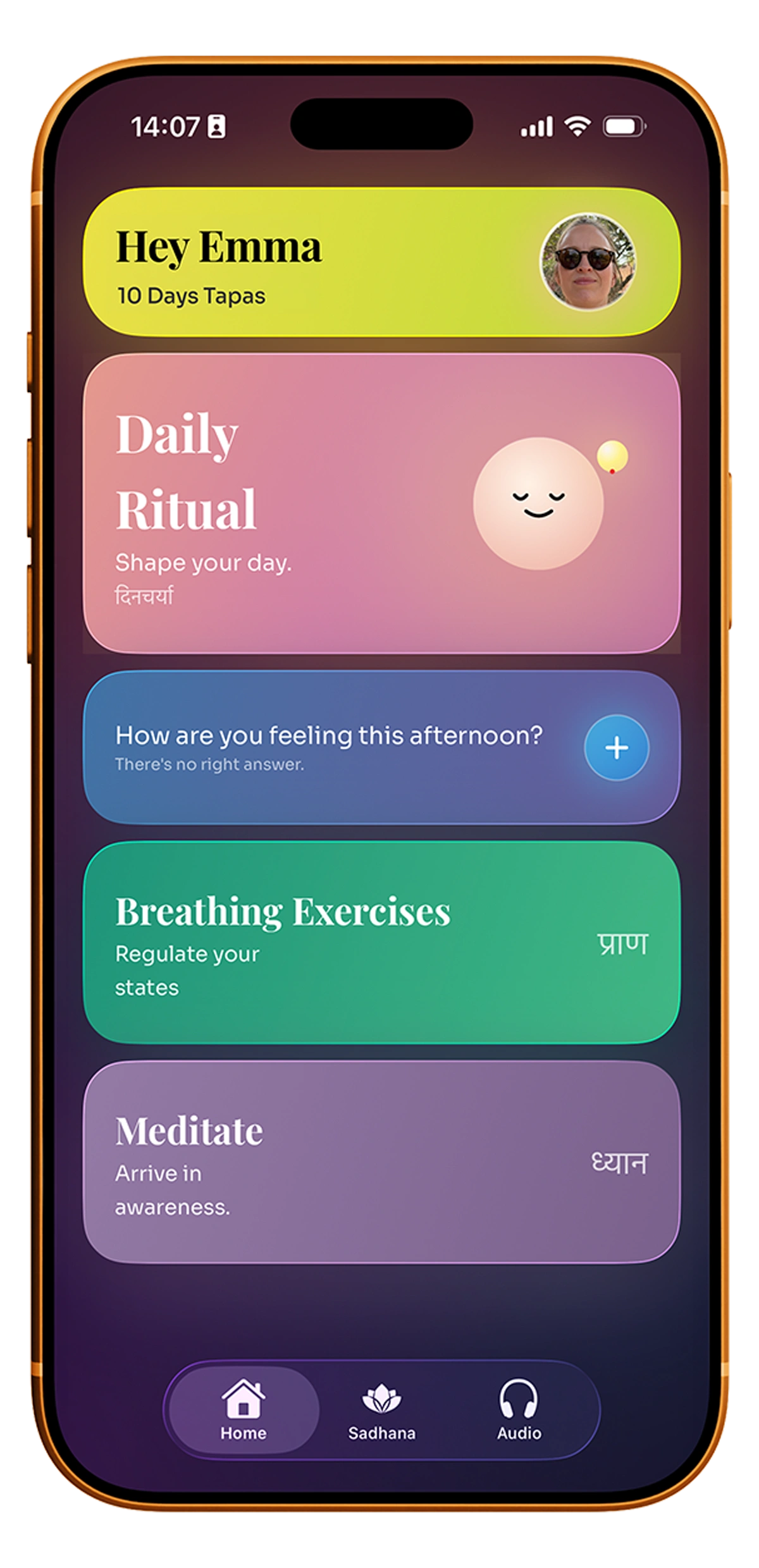 Hymalayas home screen — Daily Ritual, Breathing, Meditate cards on a celestial plum gradient