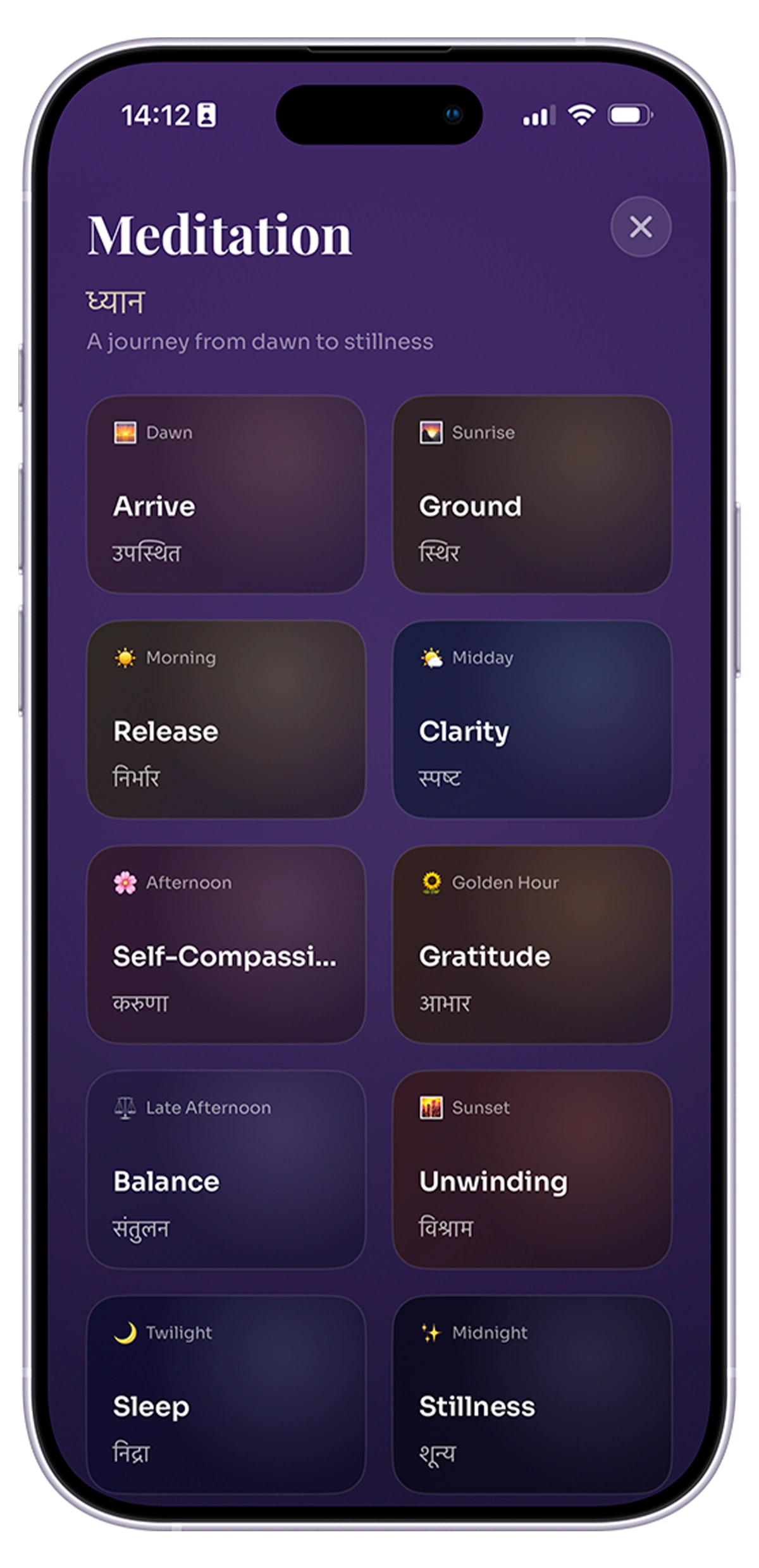 Meditation menu — nine sessions from Dawn through Midnight