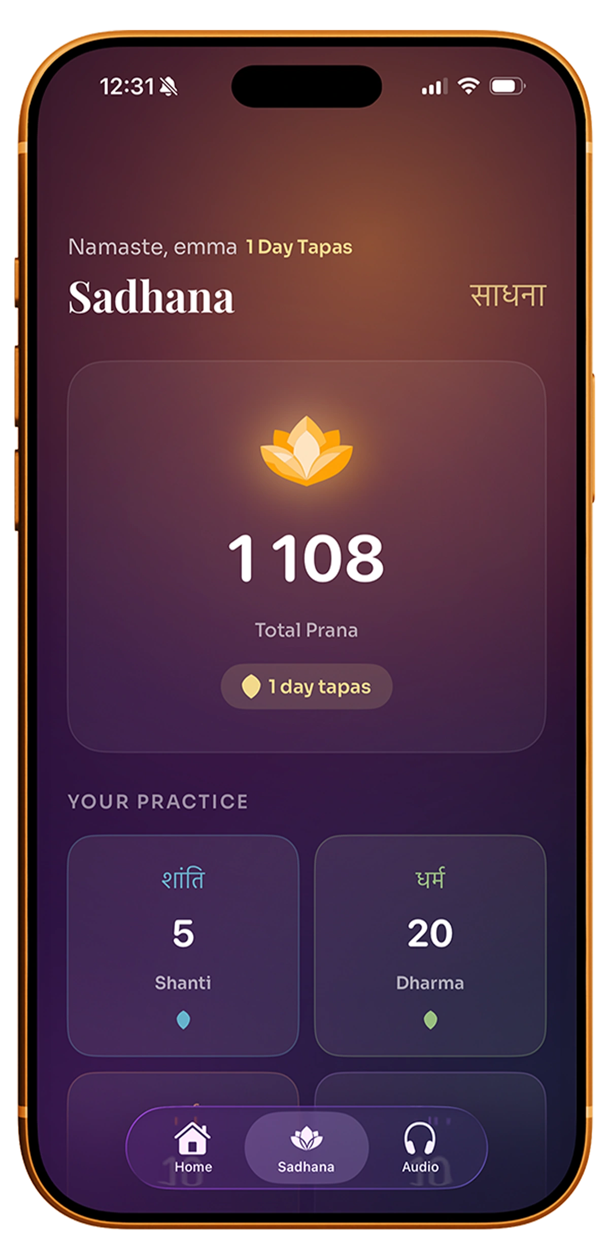 Sadhana tab — Total Prana and Tapas streak, the soft ledger of practice